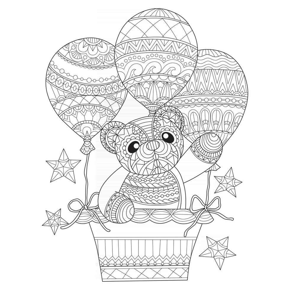 oso de peluche y globo dibujado a mano para libro de colorear para adultos vector