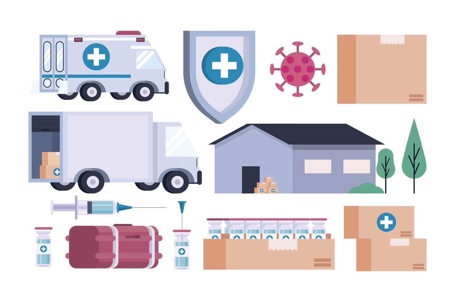 vaccine distribution logistics theme with bundle set icons vector