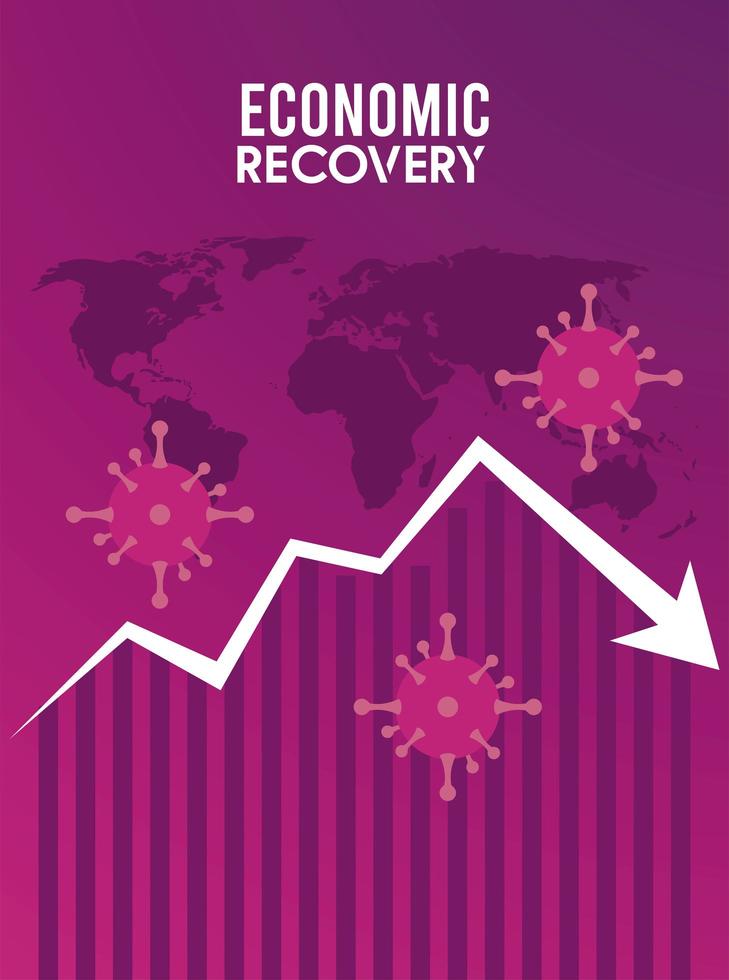 economic recovery for covid19 poster with virus particles and arrow down in earth maps vector