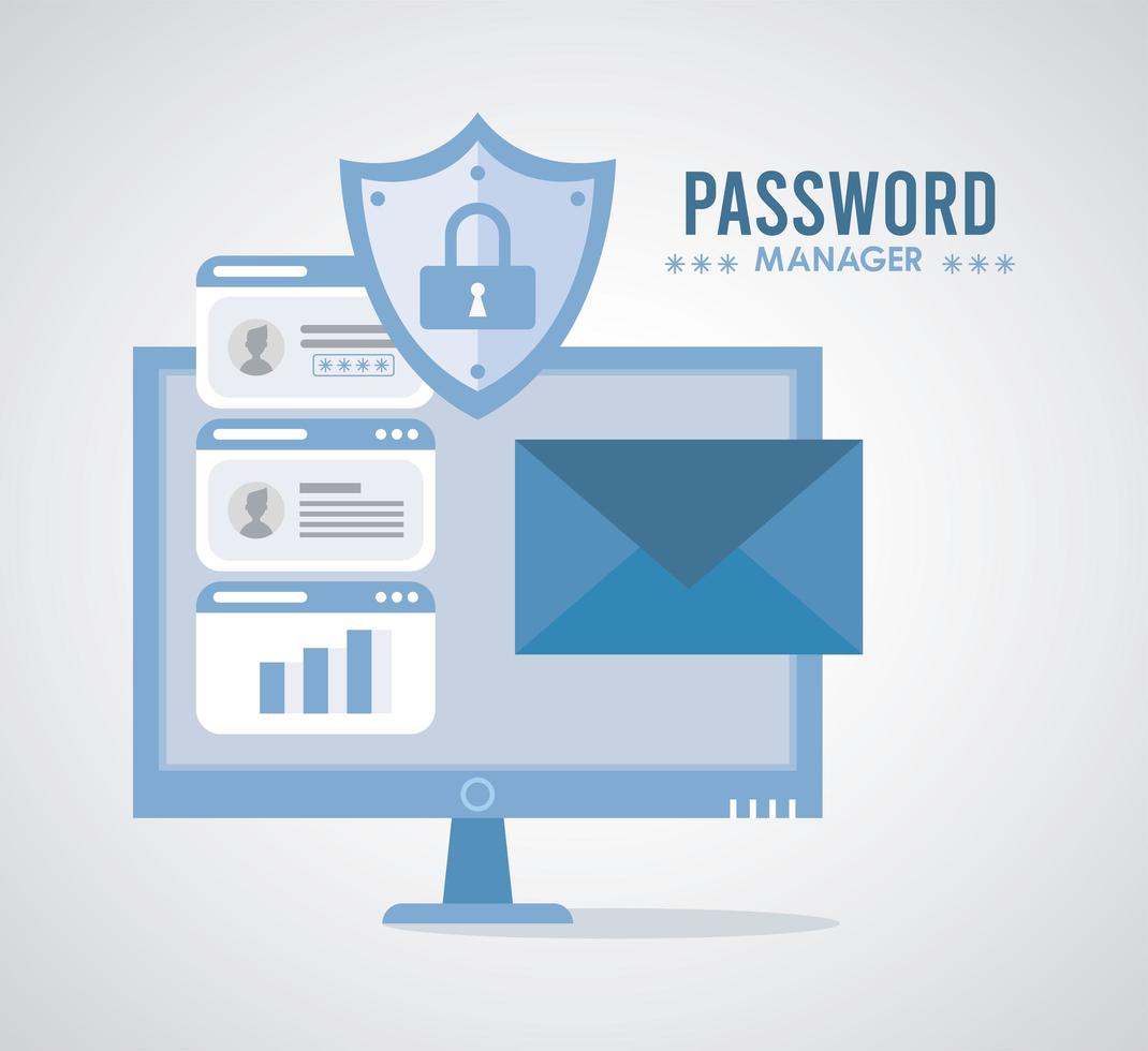 password manager theme with padlock in shield and desktop vector