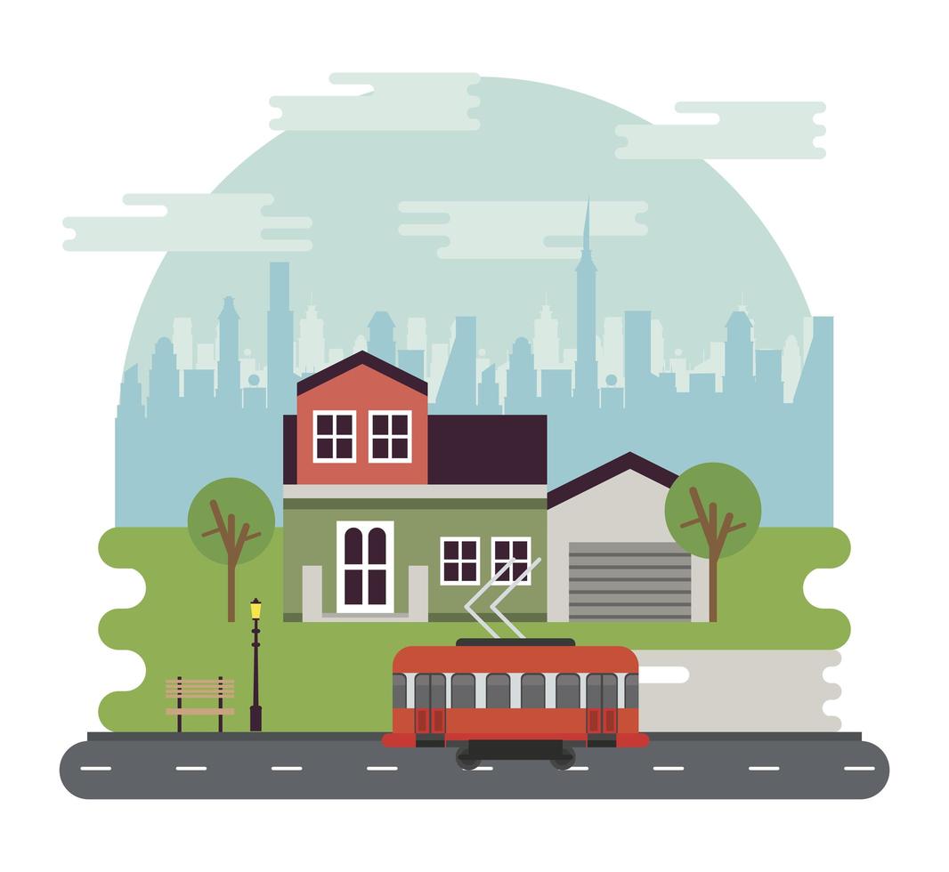 city life megalopolis cityscape scene with house and trolley car vector