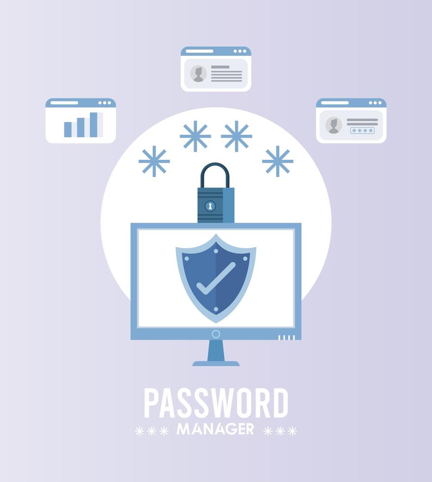 password manager theme with check symbol in shield and padlock in desktop vector