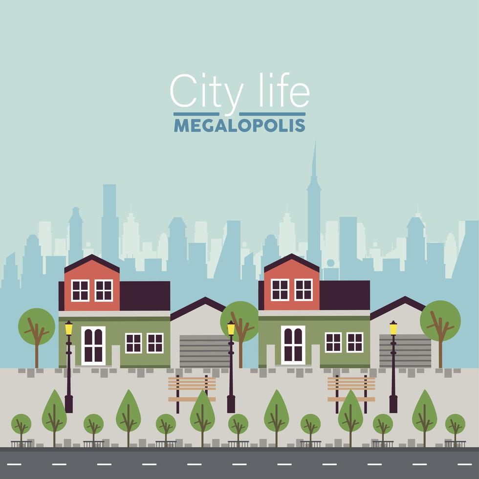 city life megalopolis lettering in cityscape scene buildings and park vector