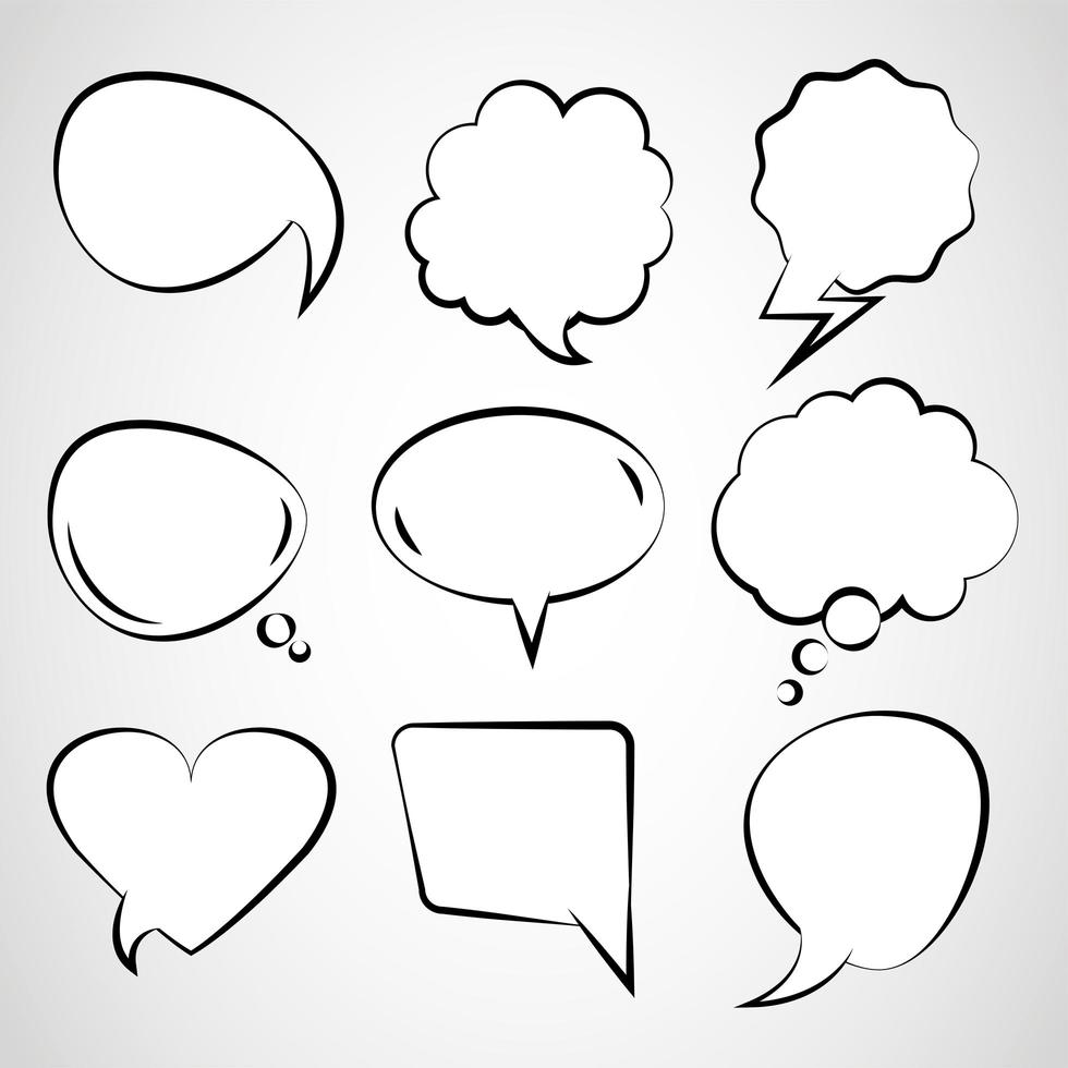 nine retro speech bubbles drawn pop art style vector