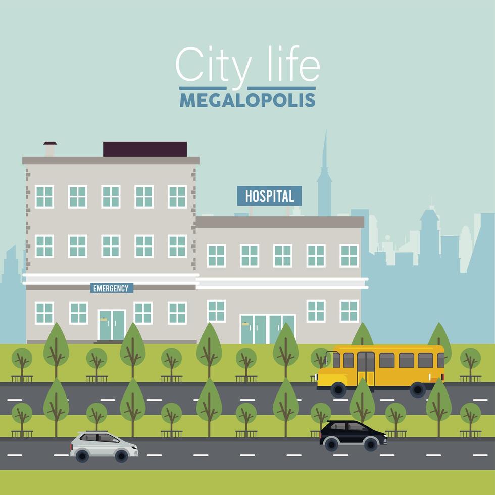 city life megalopolis lettering in cityscape scene with hospital buildings and vehicles vector