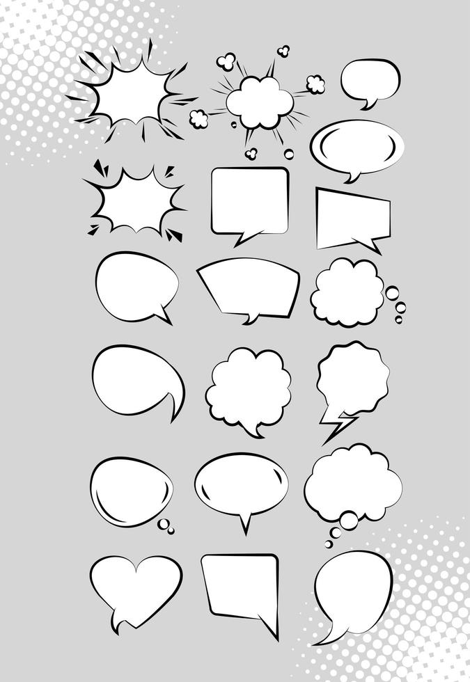 bundle of retro speech bubbles drawn pop art style in gray background vector
