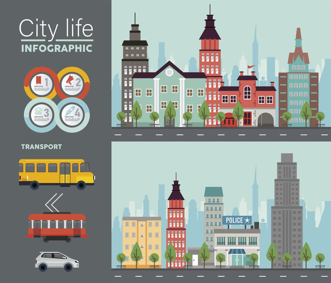 city life megalopolis lettering in cityscapes scenes and vehicles vector