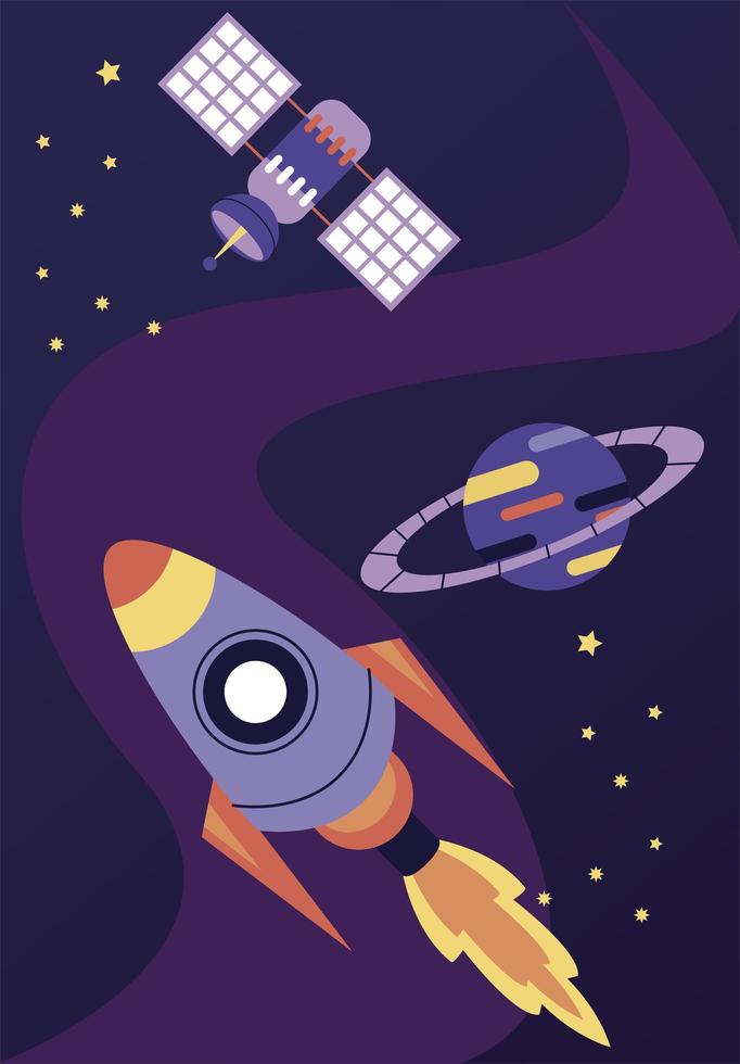 rocket and satellite with planet space scene vector