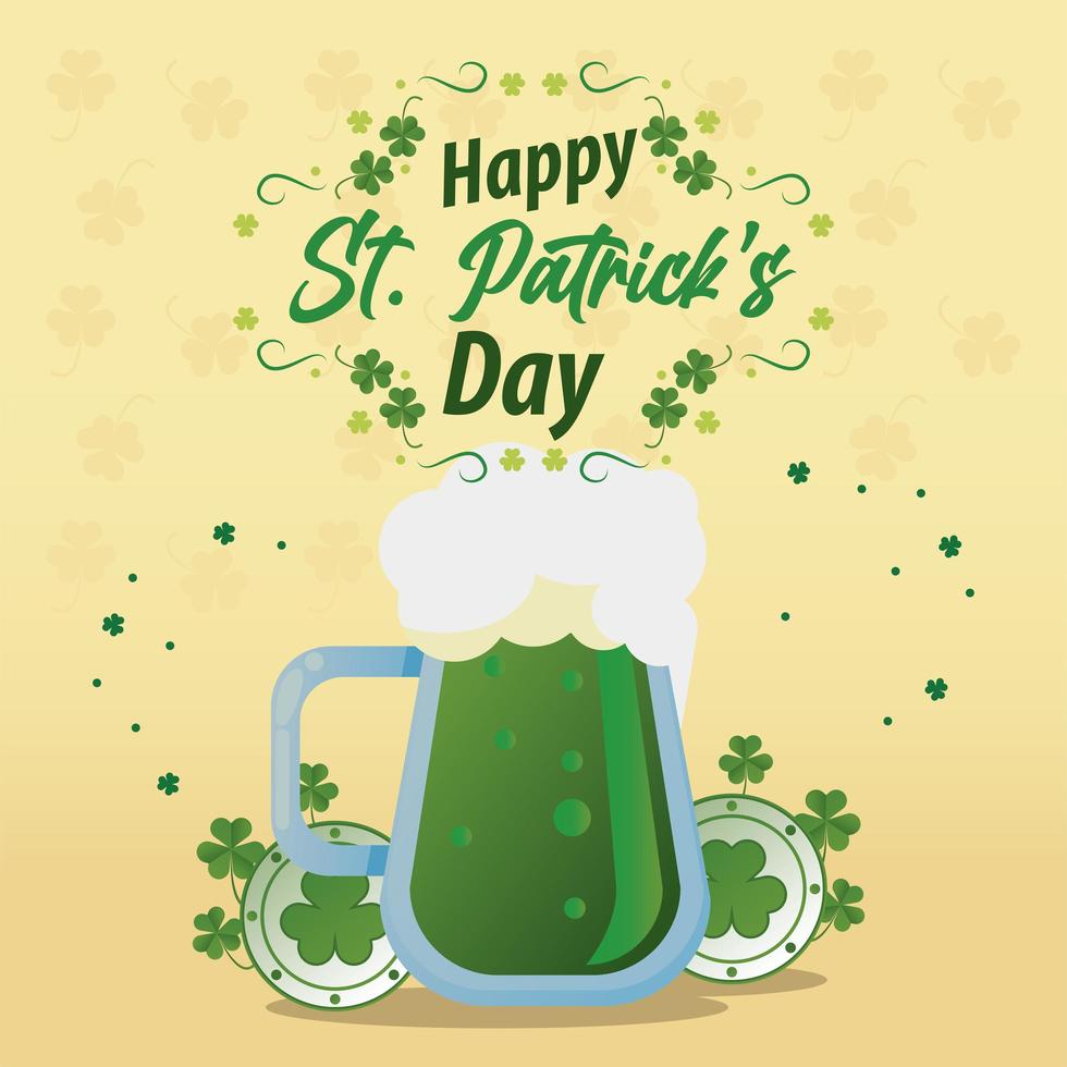 happy saint patricks day lettering with green beer and clovers vector