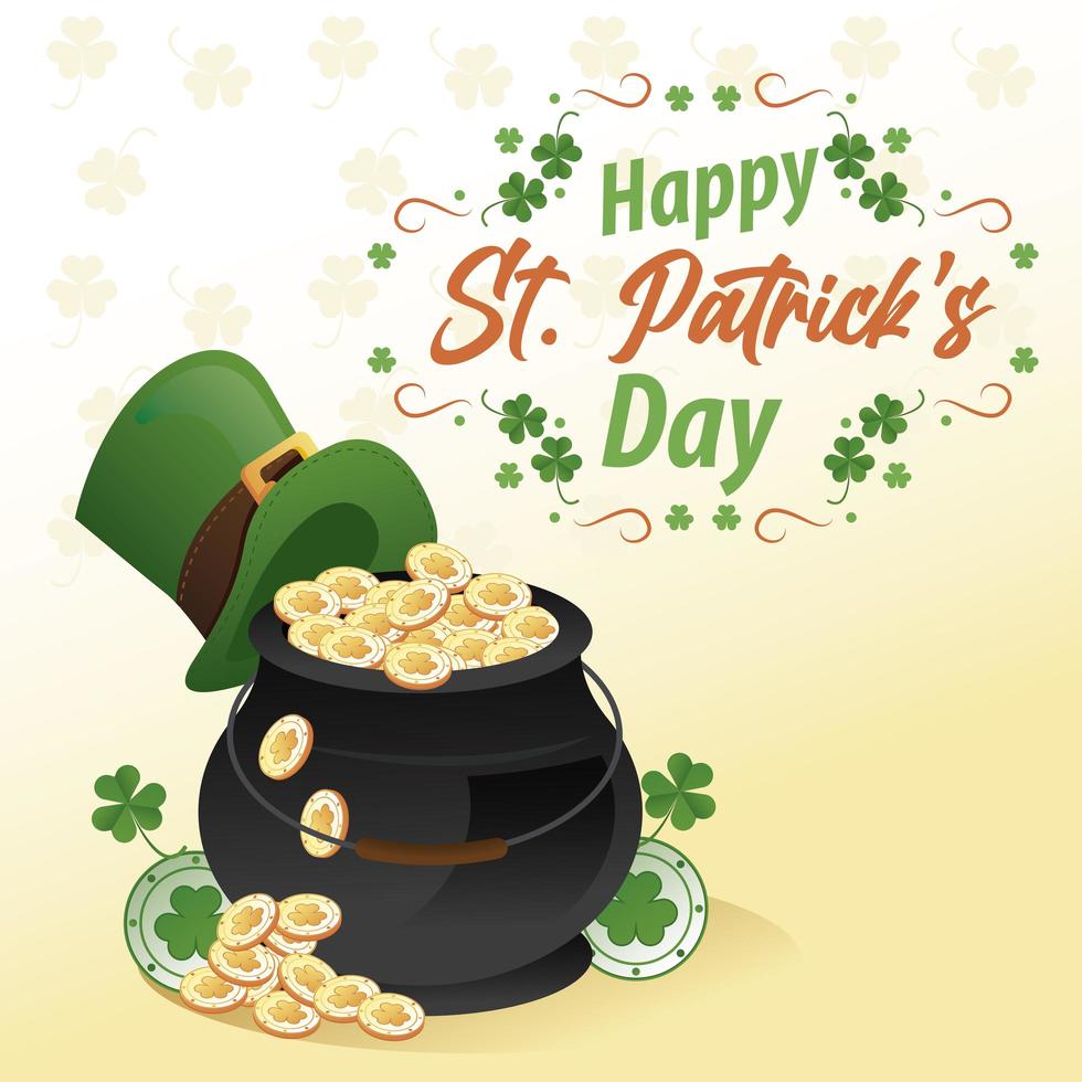 Feliz día de San Patricio letras con caldero de tesoro y sombrero de duende vector