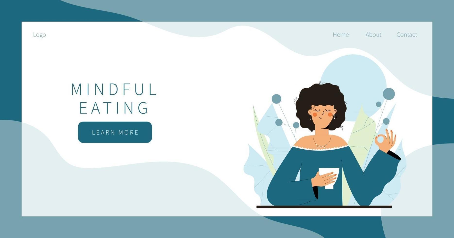 Cute woman practicing mindful eating exercise in nature and leaves landing page banner design vector