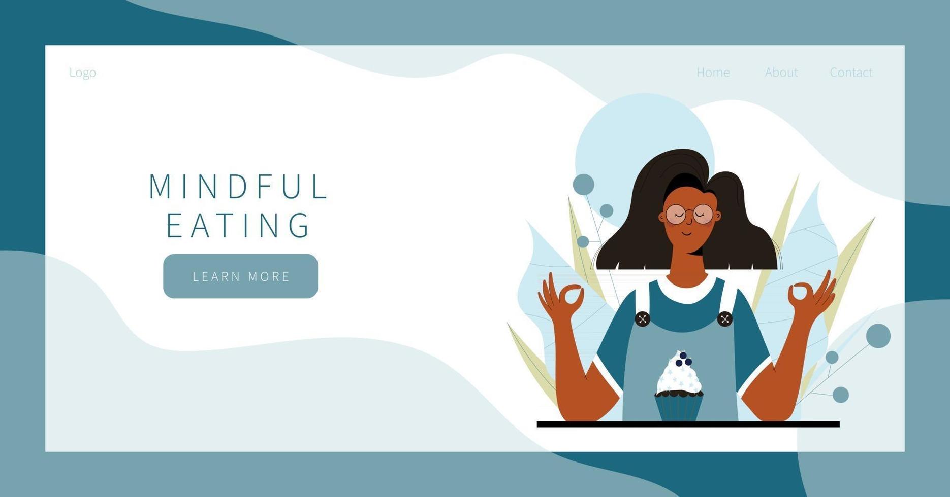 Cute woman practicing mindful eating exercise in nature and leaves landing page banner design vector