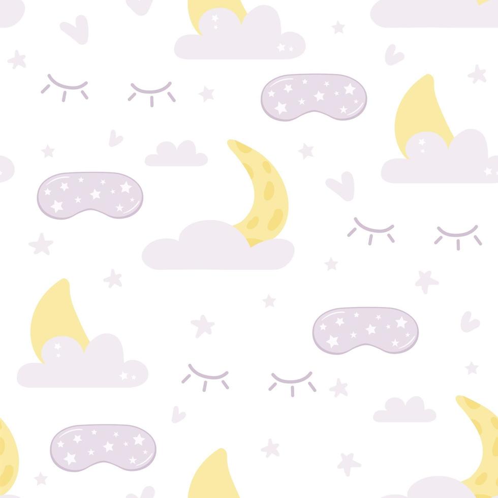 Seamless pattern with cute illustration of sleep mask eyelashes moon and clouds vector