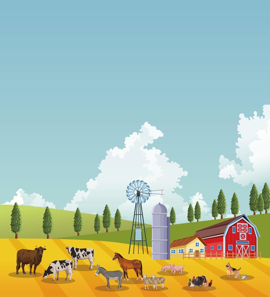 group of animals farm with stable in the camp vector