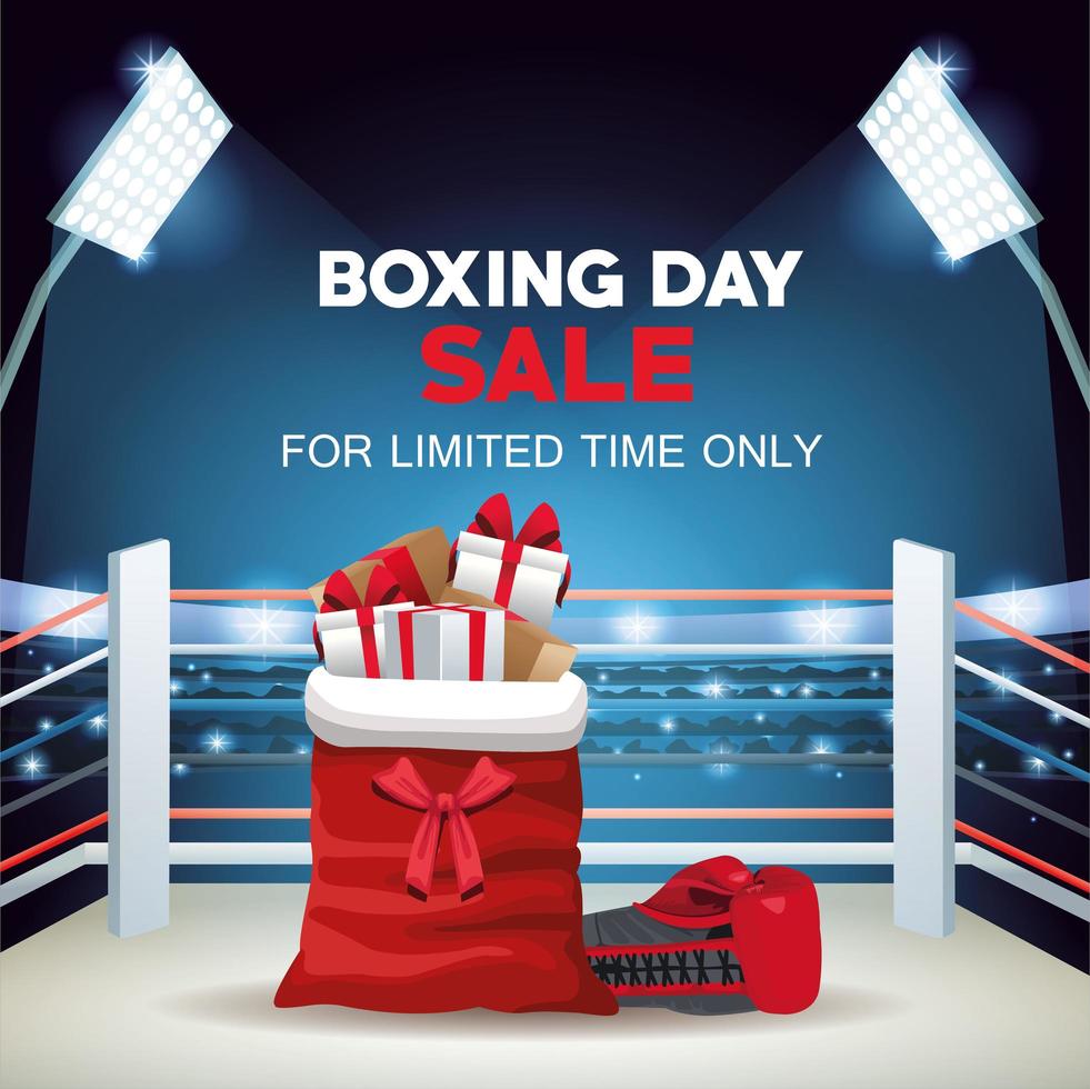 boxing day sale poster with santa claus bag and gifts vector