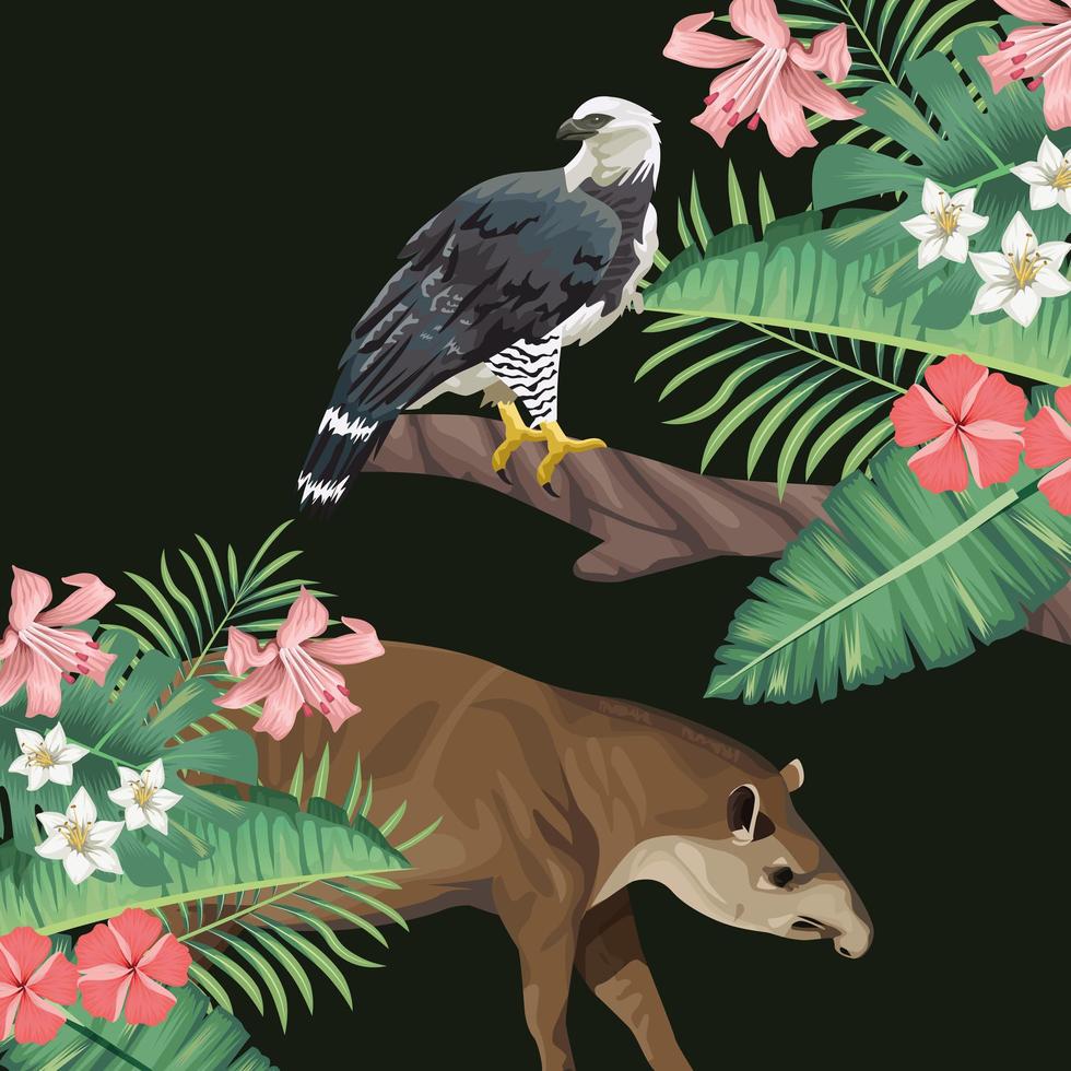 Tapir salvaje y águila con hojas tropicales. vector