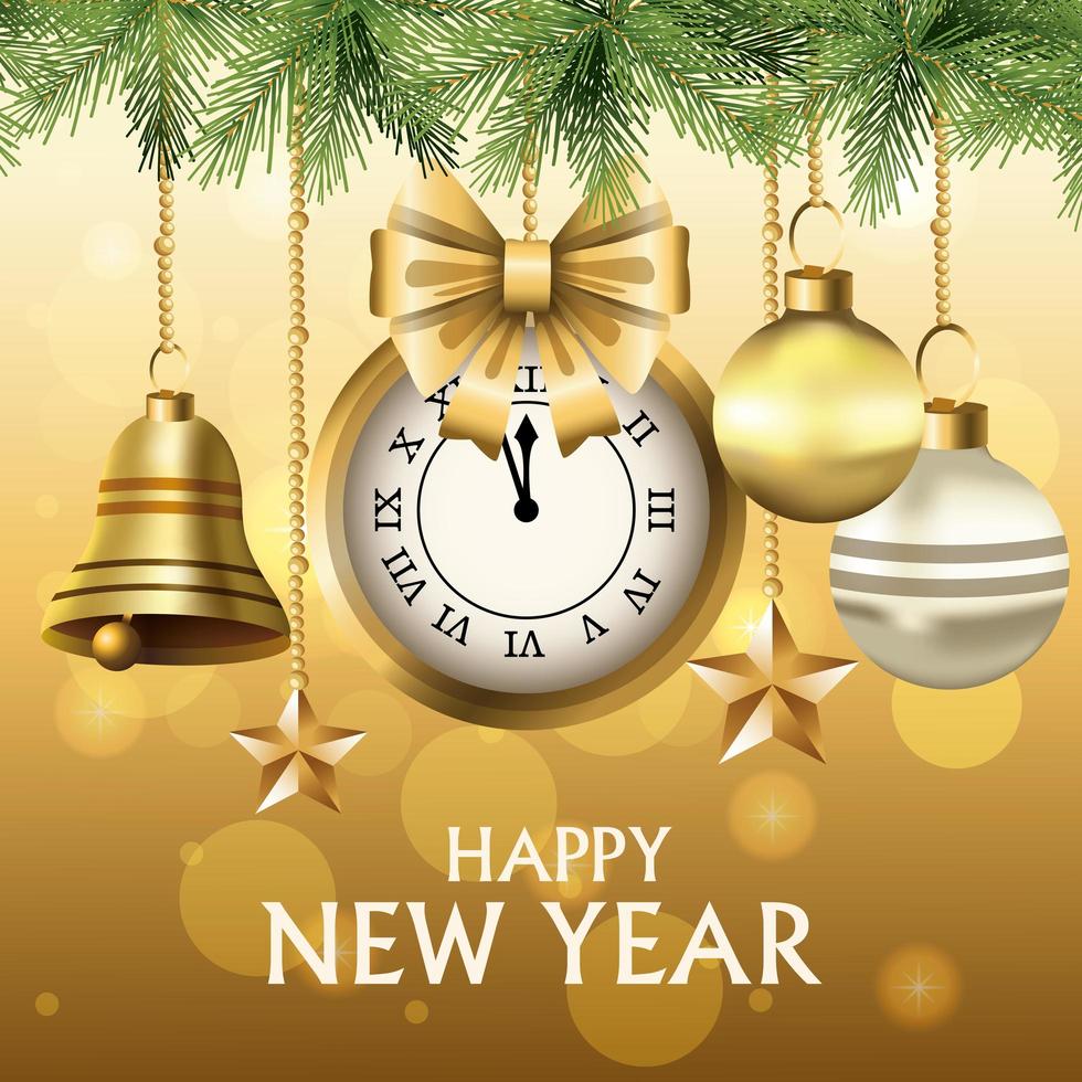 tarjeta de feliz año nuevo con reloj y bolas colgando vector