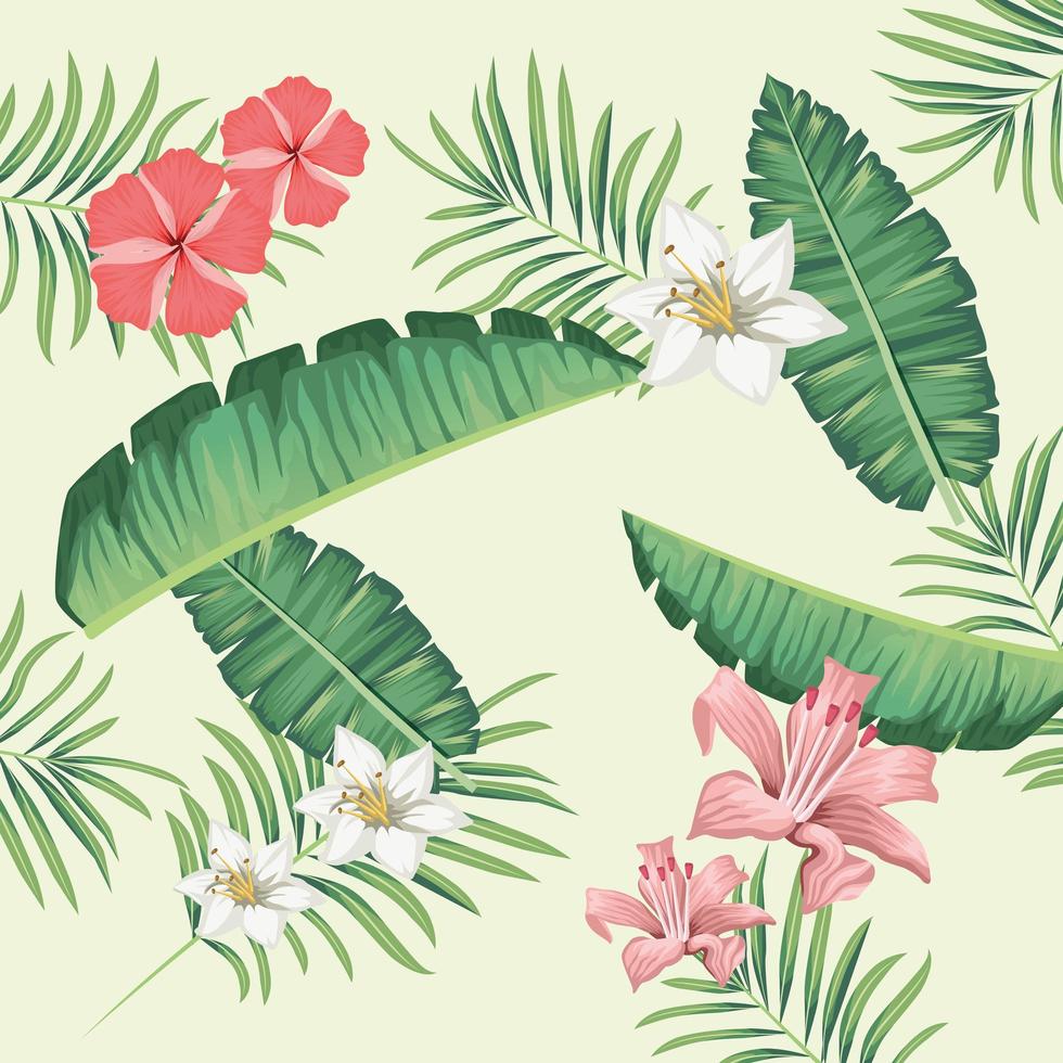 tropical leafs and flowers foliage pattern background vector