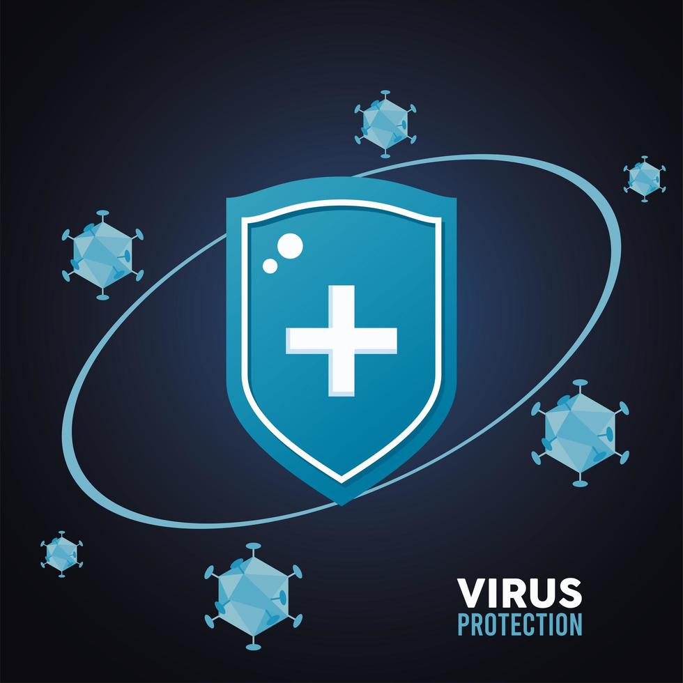 Póster de protección antivirus con escudo y partículas de color azul. vector