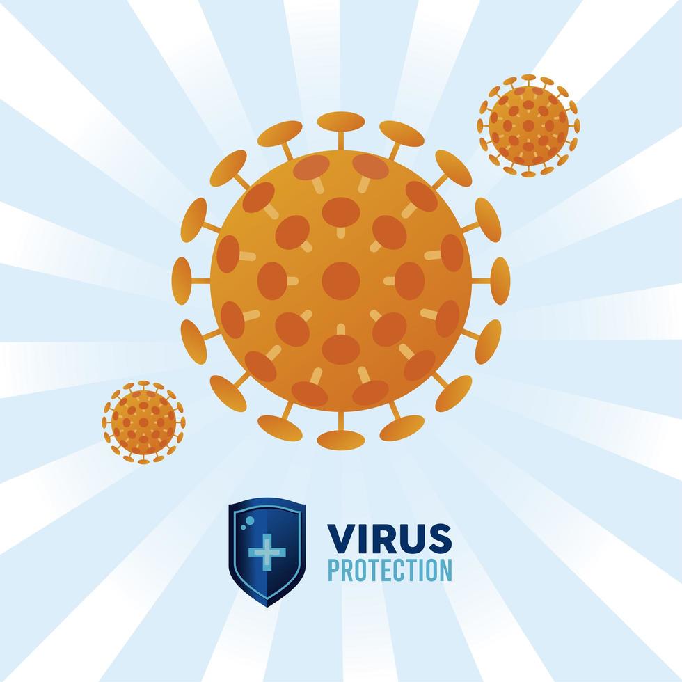 Letras de protección antivirus con escudo y partículas covid19 color naranja vector