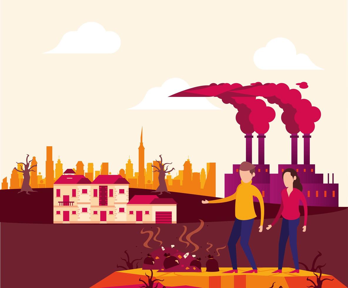 global warming alert with polluting factory vector