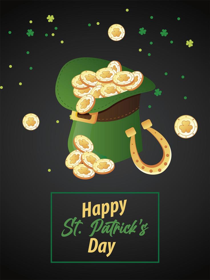 happy saint patricks day lettering with coins in elf tophat and horseshoe vector