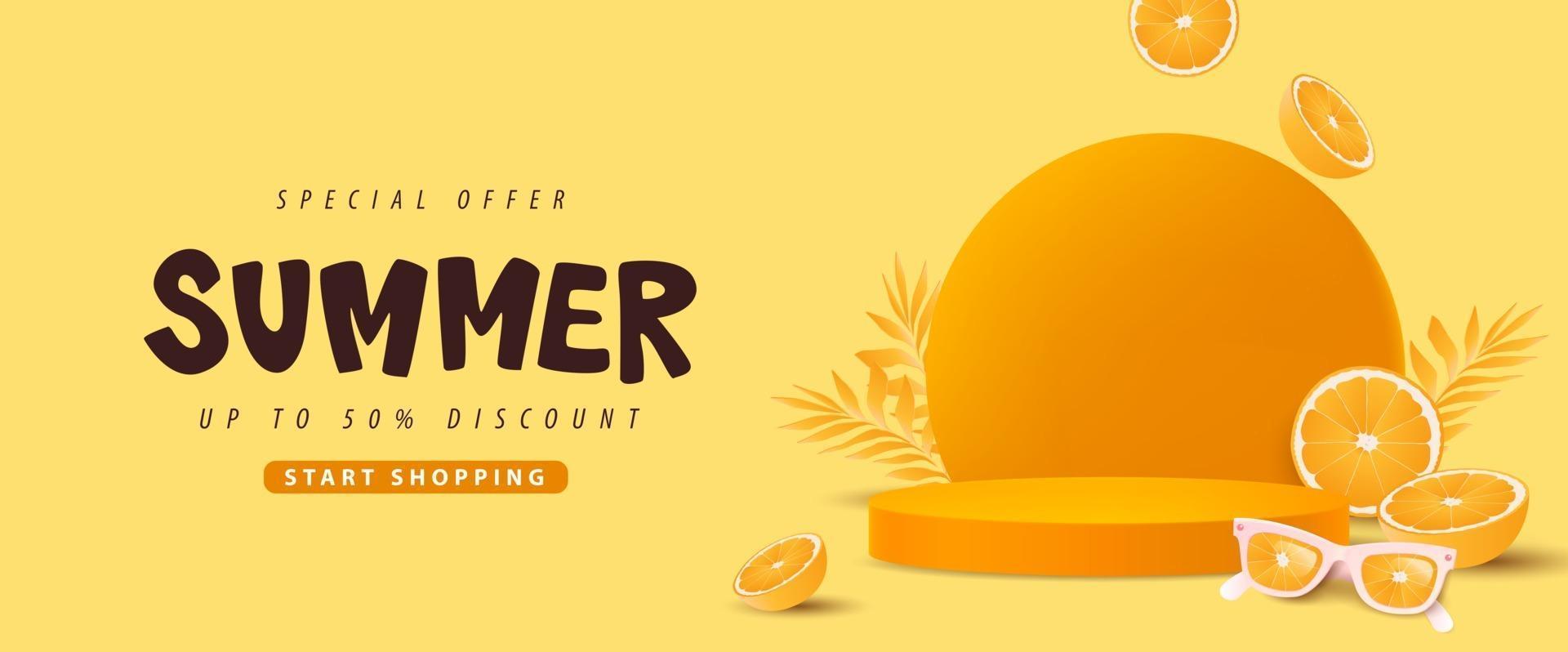 Banner de venta de verano colorido con forma cilíndrica de exhibición de producto de concepto naranja vector