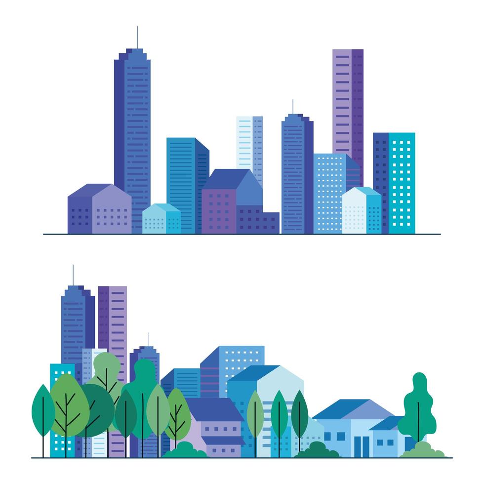 city buildings and houses with trees set vector design