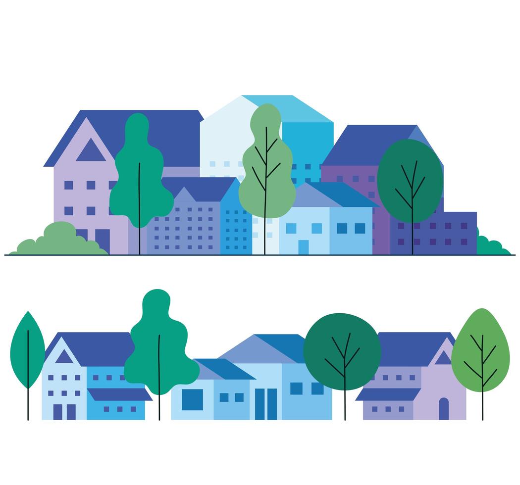 city houses with trees vector design