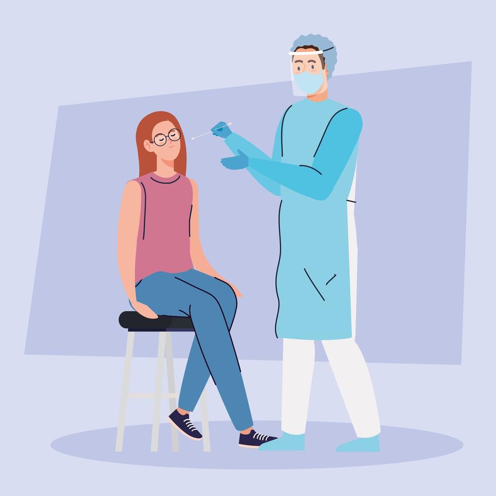 covid 19 virus test doctor and girl with glasses on chair vector design