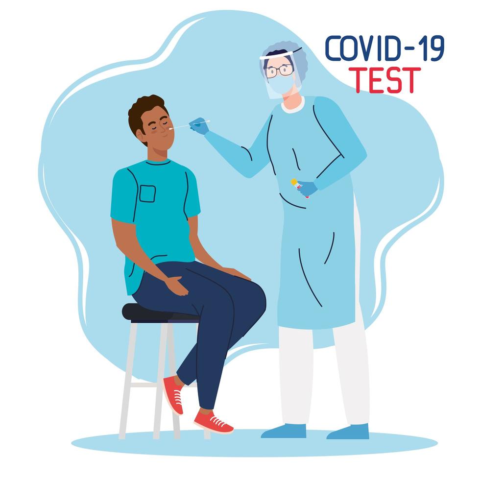 covid 19 virus test doctor and black man on chair vector design