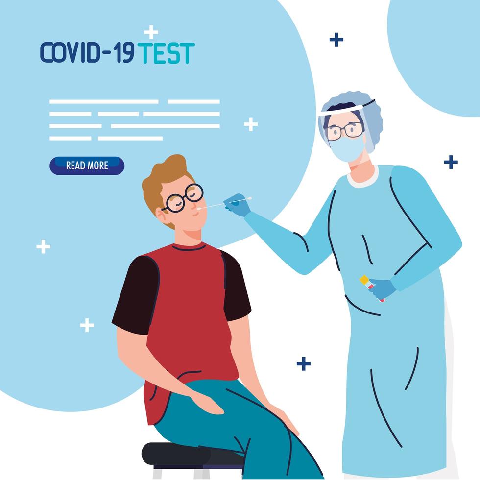 covid 19 virus test doctor and boy on chair vector design