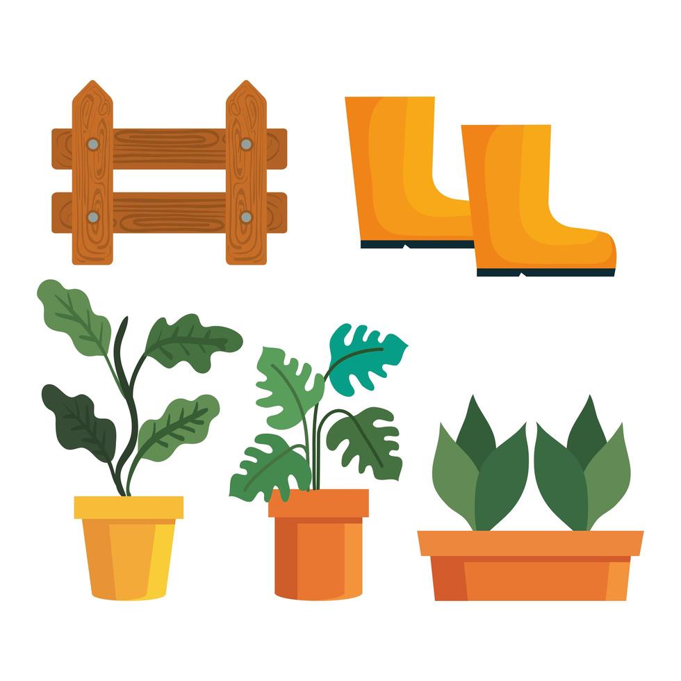 Jardinería plantas dentro de macetas valla y botas de diseño vectorial vector