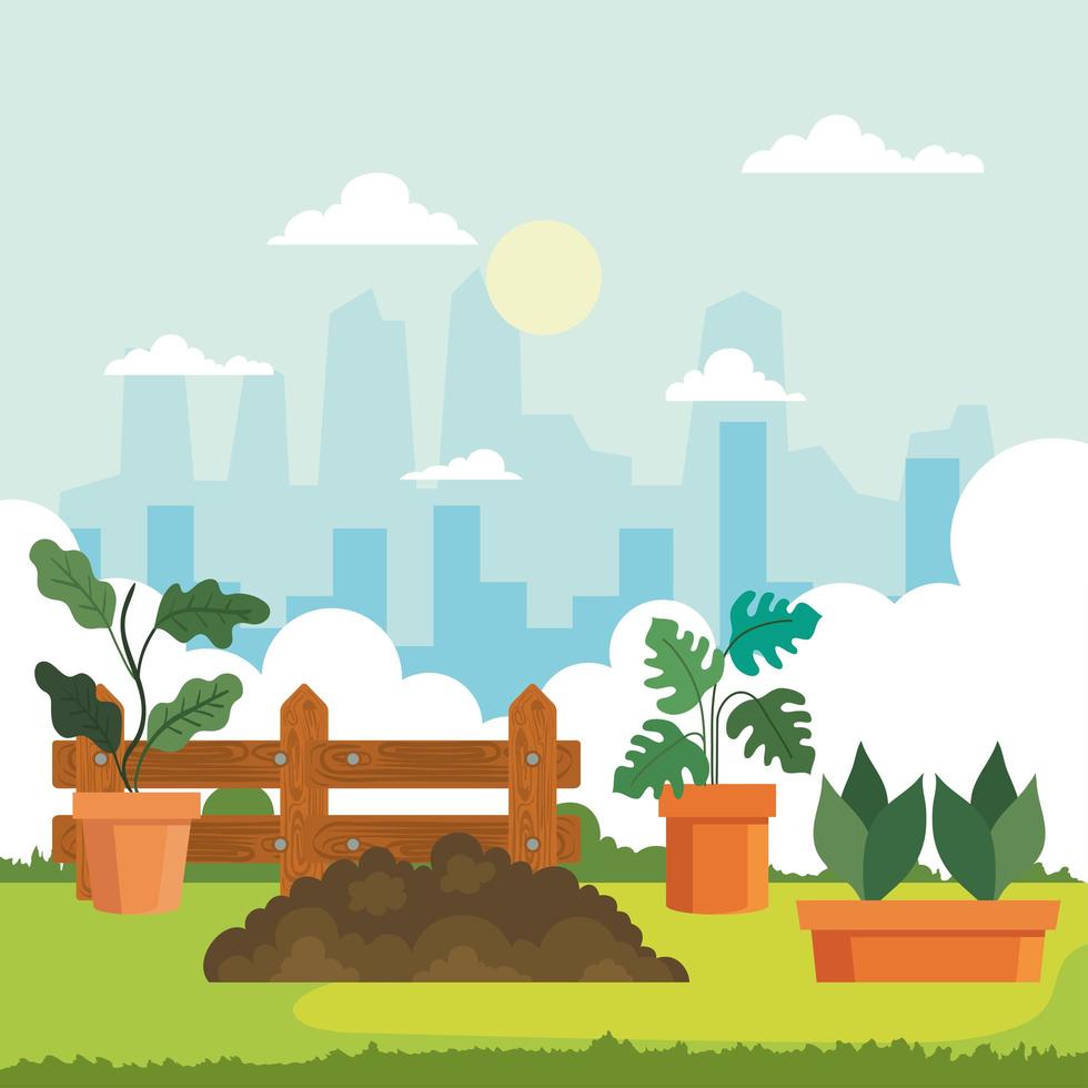 Gardening plants insde pots and earth vector design