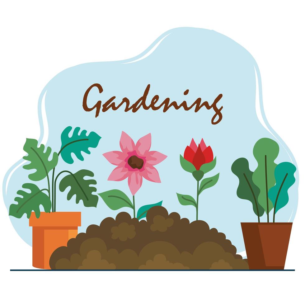 Gardening flowers on earth and plants inside pots vector design