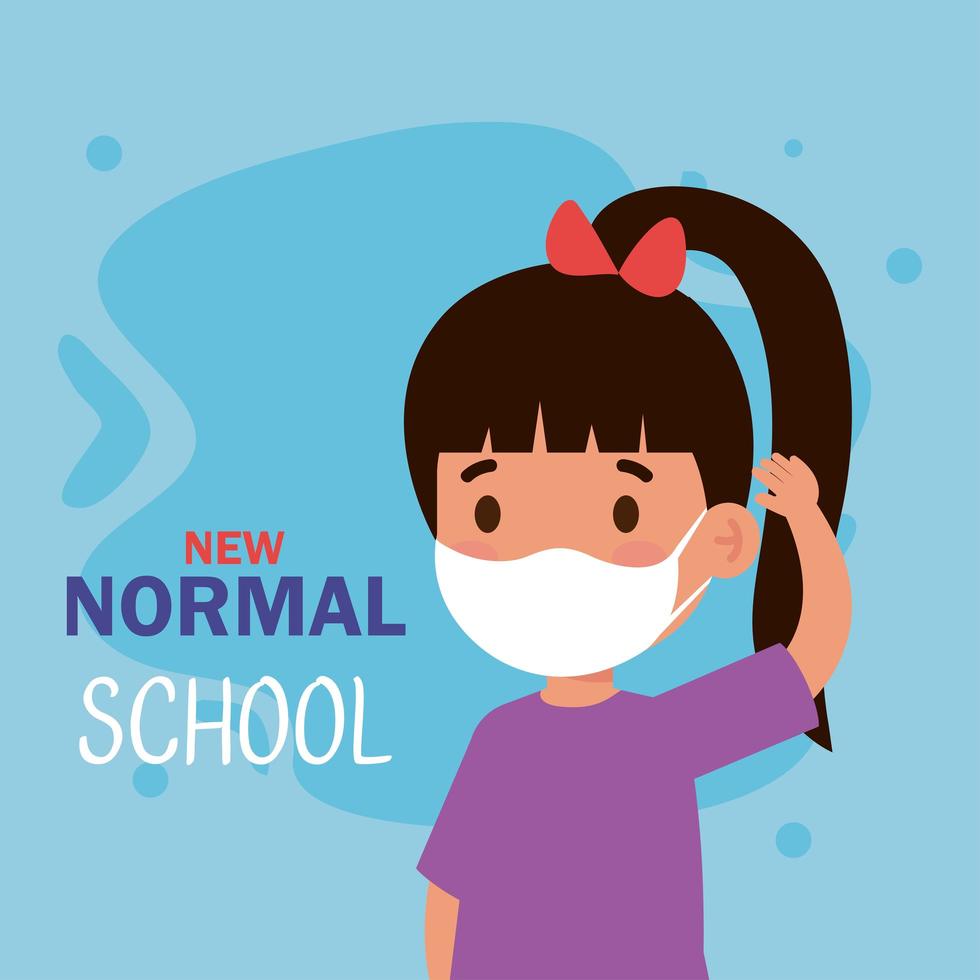 New normal school of girl kid with mask vector design