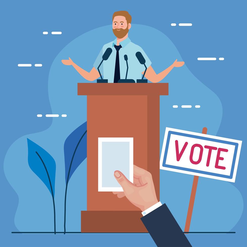 Election day man on podium and hand holding vote paper vector design