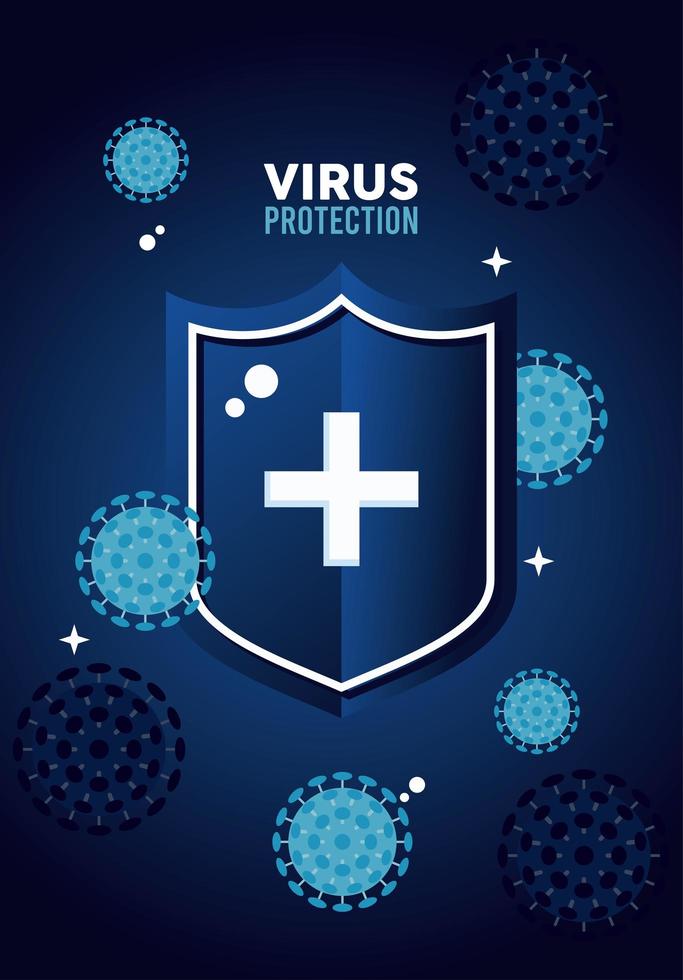 Escudo de protección antivirus con partículas cruzadas y covid19 de color azul. vector