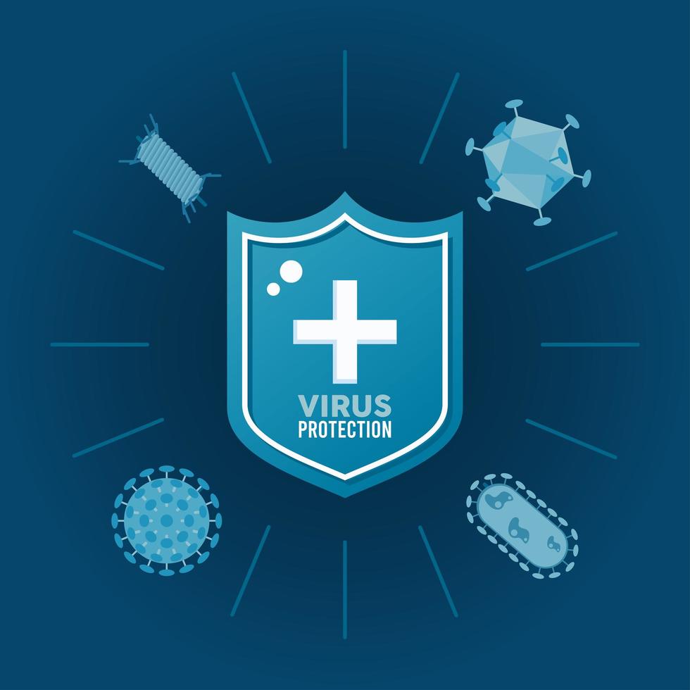 Letras de protección antivirus en escudo con partículas y bacterias. vector