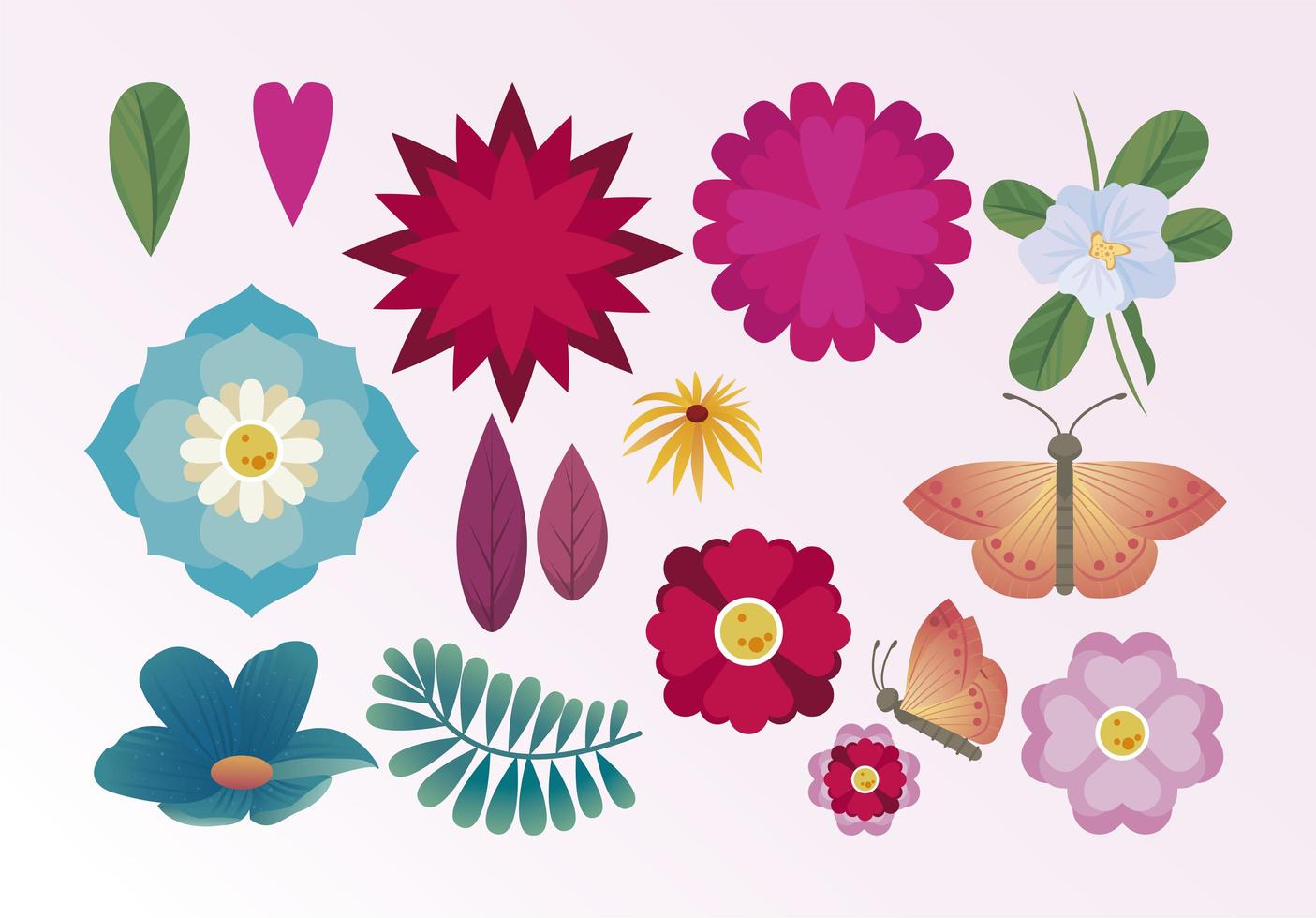 bundle of flowers and leafs with butterflies vector