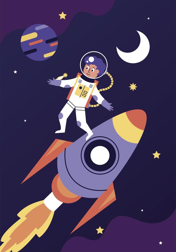 astronaut boy and rocket space scene vector