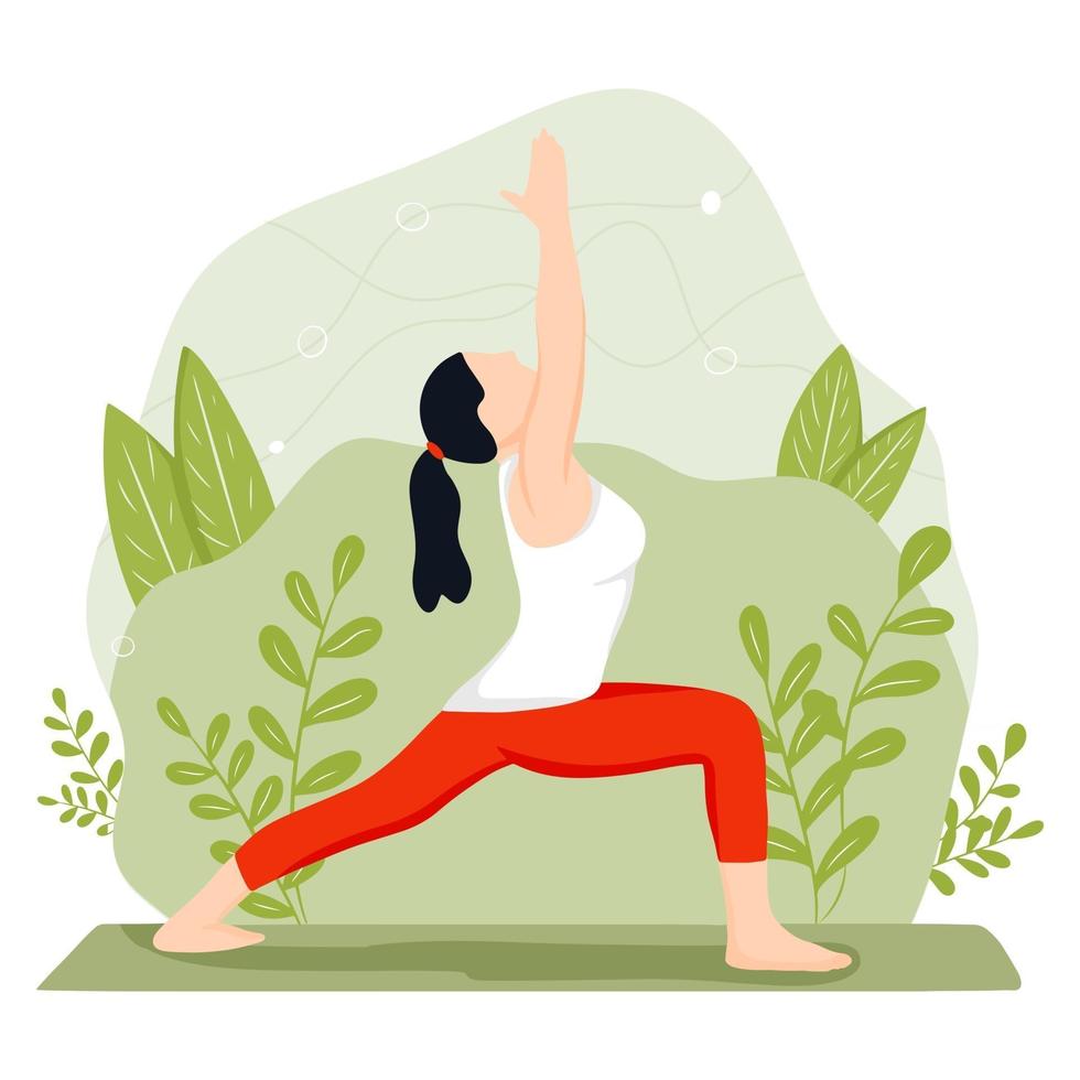 mujer joven se dedica al yoga y la meditación la niña realiza ejercicios aeróbicos ilustración vectorial en un estilo de dibujos animados plana vector