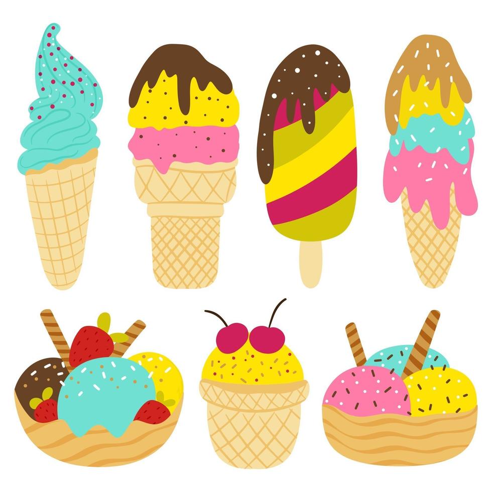 Ice cream set Cartoon style Chocolate caramel fruit vanilla ice cream in a waffle cone Vector illustration