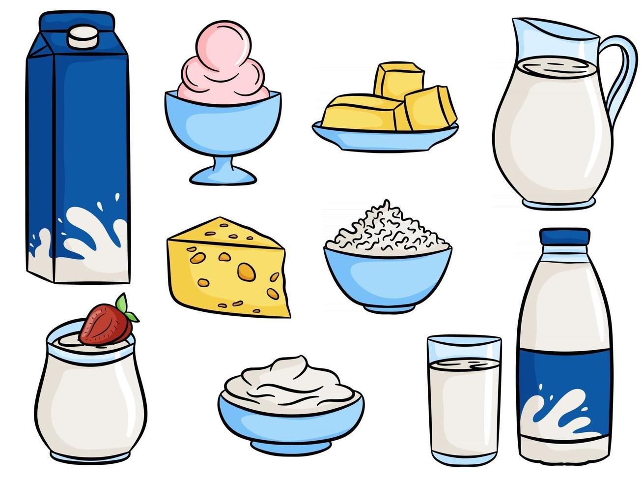 Conjunto de alimentos de leche y productos lácteos. vector