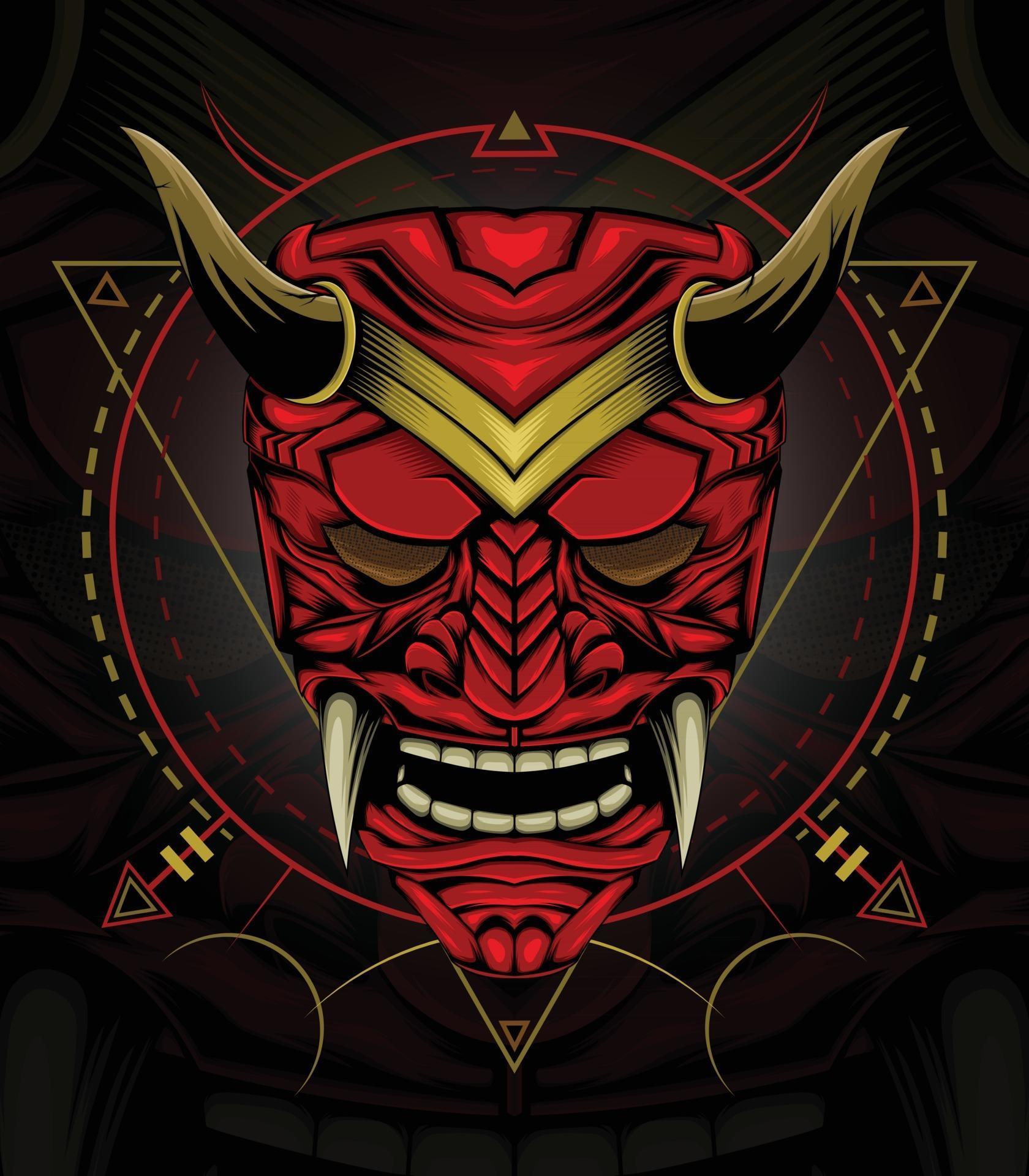 kabuki o ilustración de cara de diablo rojo. cabeza de demonio rojo