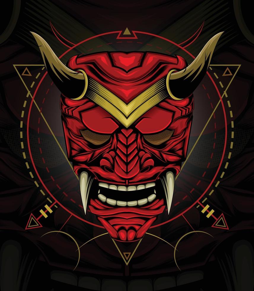 Kabuki or red devil face illustration. Head of red demon Japanese samurai mask. vector