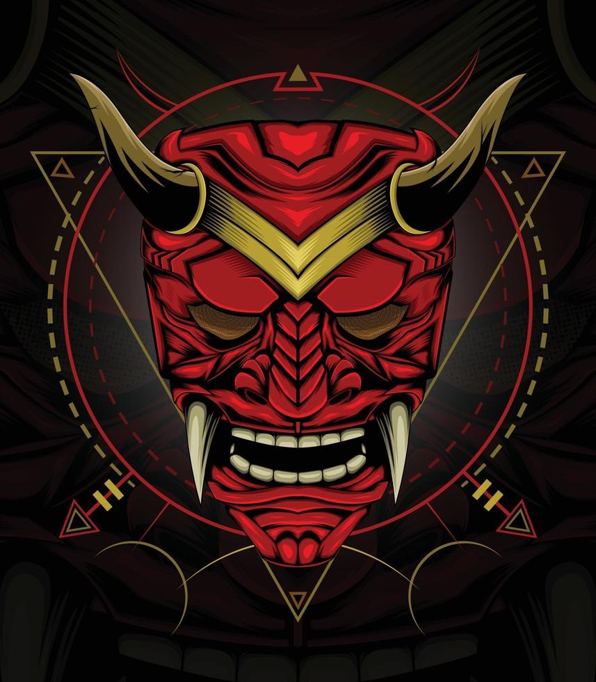 Kabuki or red devil face illustration. Head of red demon Japanese samurai mask. vector