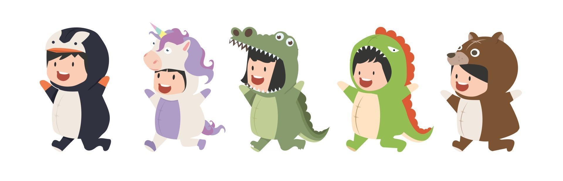 Personajes infantiles en disfraces de animales conjunto de dibujos animados vector