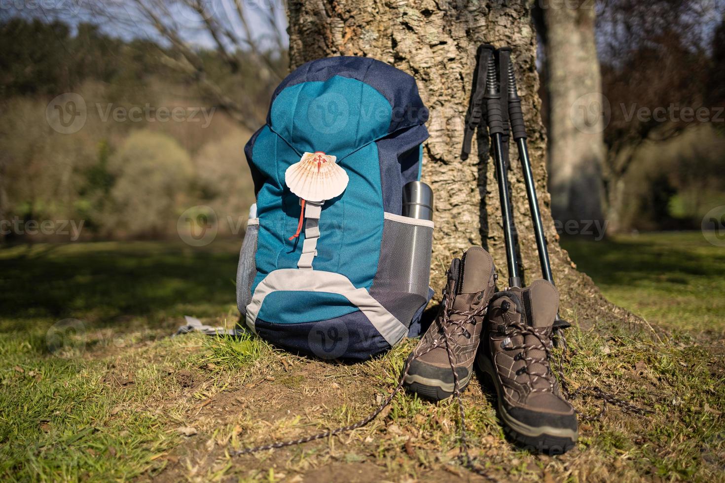 Backpack with seashell, symbol of Camino de Santiago with trekking boots and poles photo