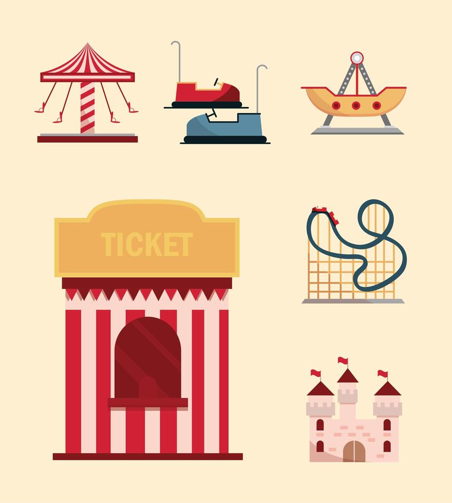 set amusement park carnival tickets booth bumper cars castle carousel and roller coaster vector